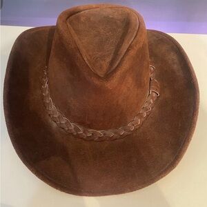 Minnetonka Leather Hat Brown Leather Outback Bush Western Braid Band USA  Size L